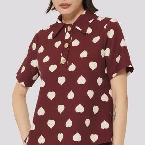 Tara Jarmon Wine Red Heart Print Short Sleeve Button-Front Shirt